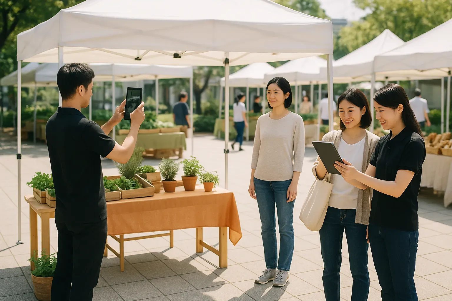地域のマルシェのテントで、スタッフが来場者の姿勢をスマホで撮り、隣では別の来場者がタブレットで結果を見て笑顔になっている