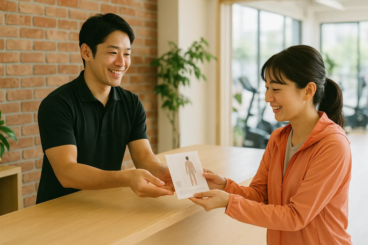 ジムの受付で、トレーナーが姿勢分析の結果が載ったはがきを会員に手渡している
