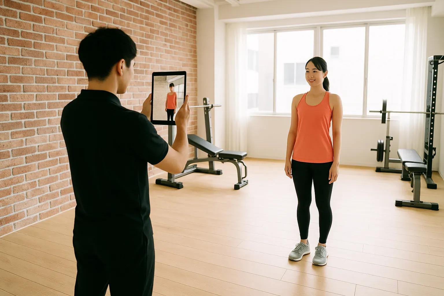 店舗での撮影の様子。トレーナーがタブレットを手持ちで構え、数歩先に立つお客様の全身を撮っている
