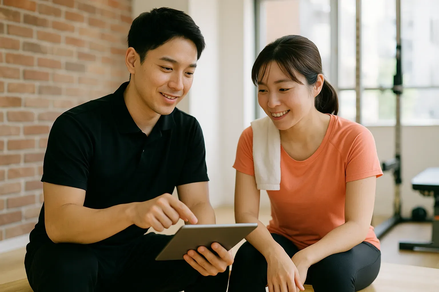 体験のあと、トレーナーとお客様がベンチに並んで座り、タブレットの結果画面を見ながら話している