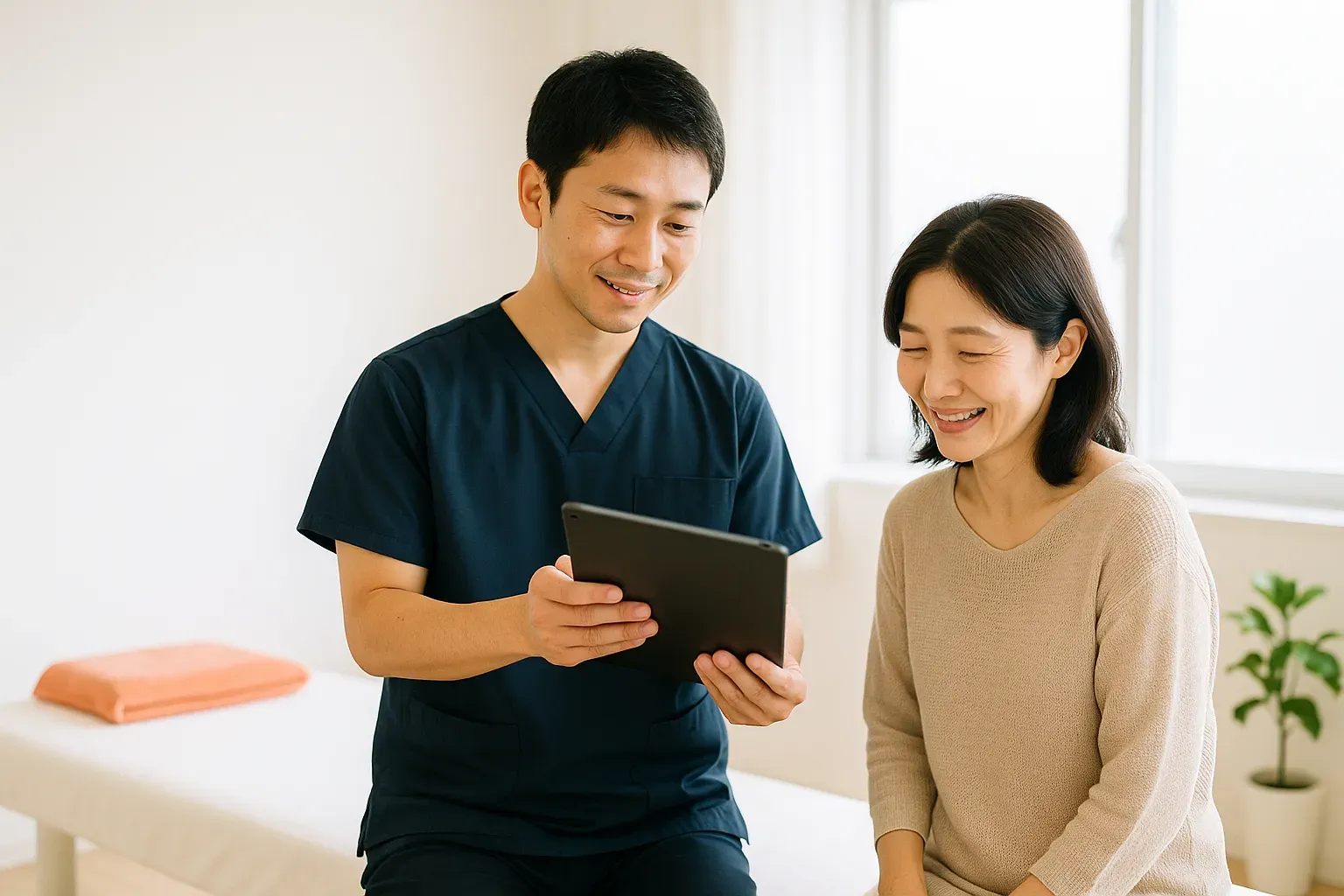 整体院の施術スペースで、施術者がタブレットで姿勢の結果を見せながら、患者様に説明している