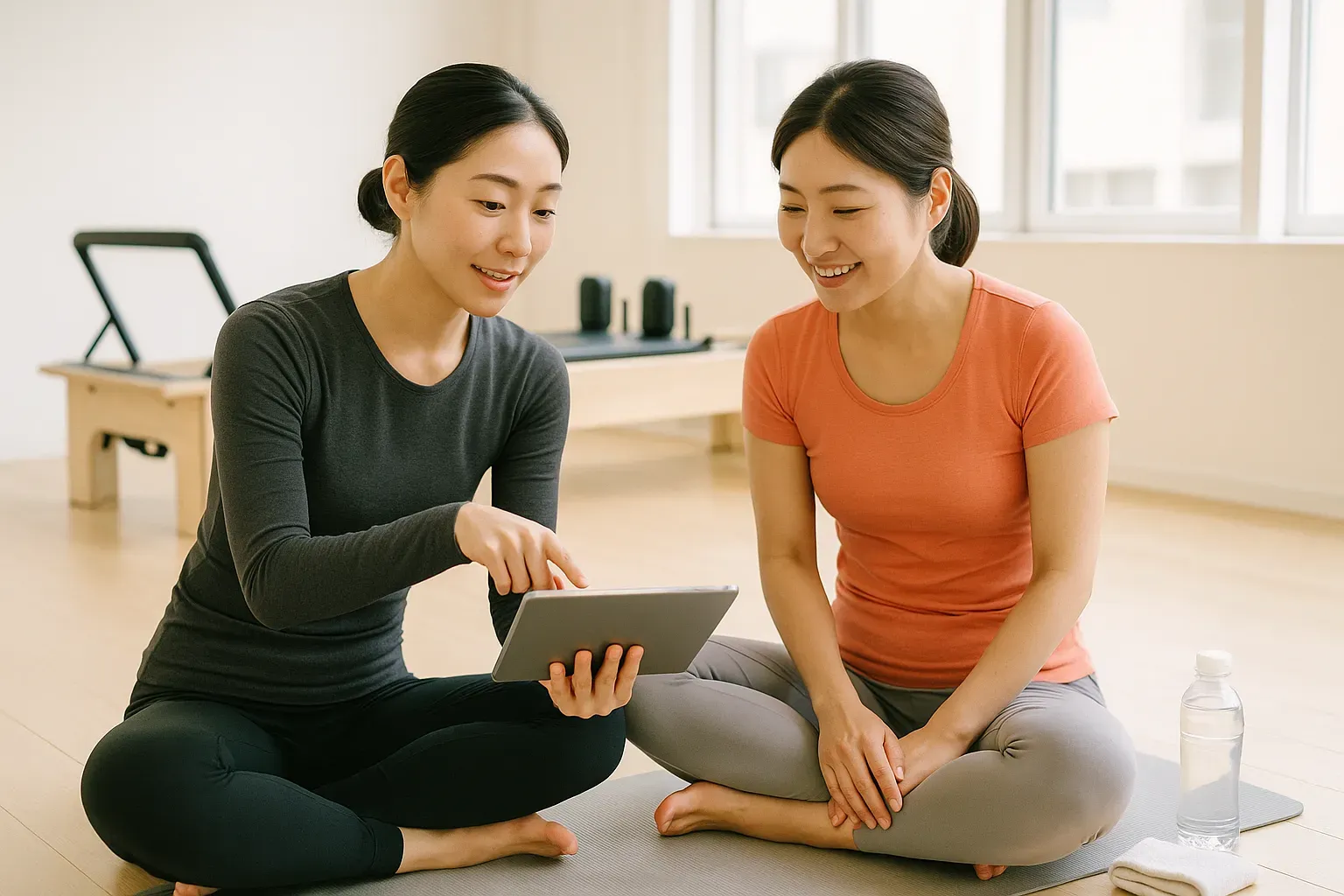 体験レッスンのあと、マットの横でインストラクターとお客様がタブレットの結果を一緒に見ている