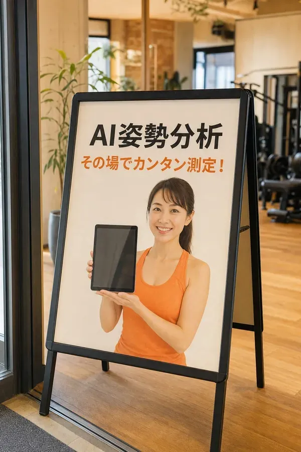 店頭に置いたA看板。「AI姿勢分析 その場でカンタン測定！」の告知
